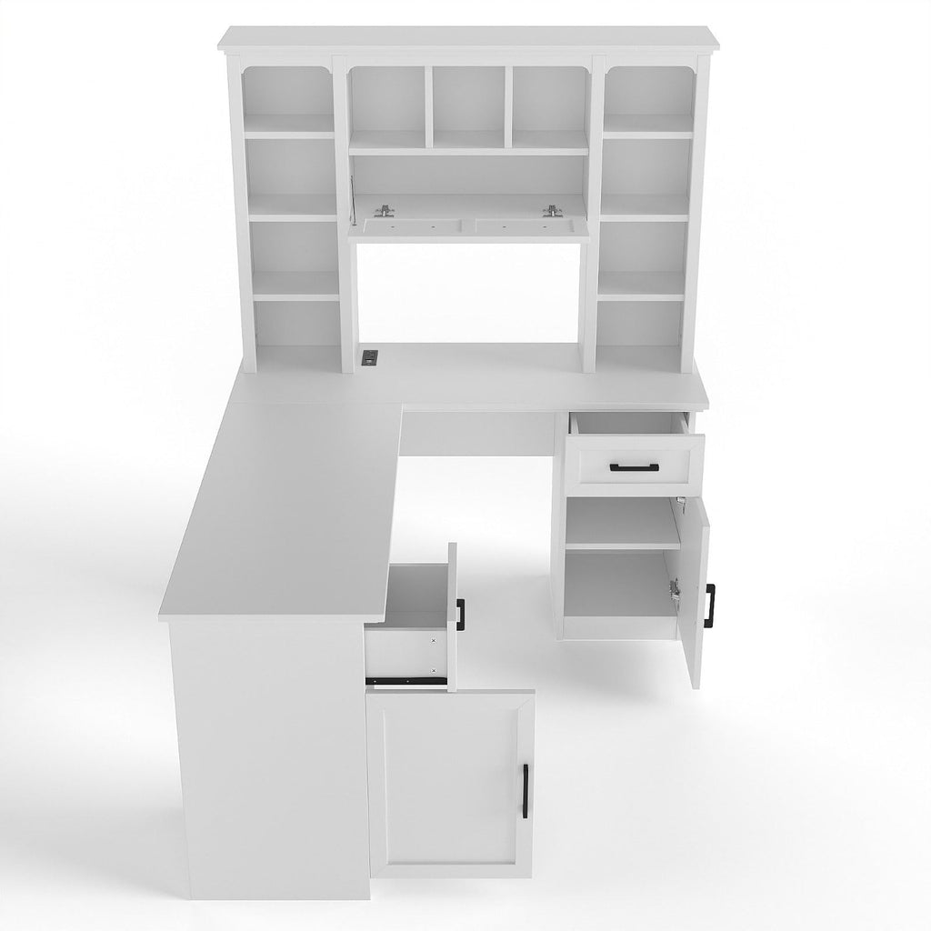 White L-Shaped Computer Desk with Hutch and Storage E964