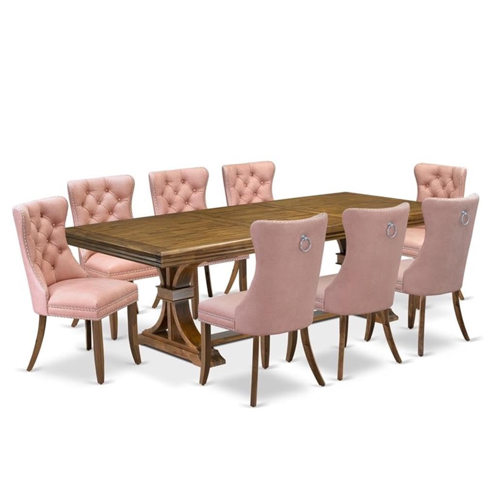 9-Piece Walnut Acacia Wood Dining Set with Faux Leather Chairs K1534