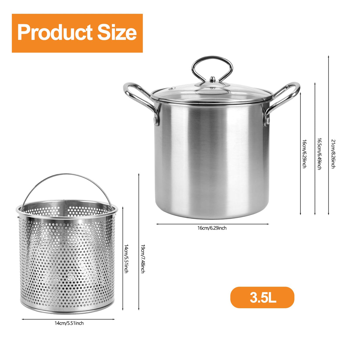 3.5L Stainless Steel Deep Fryer Pot with Lid and Basket S161145