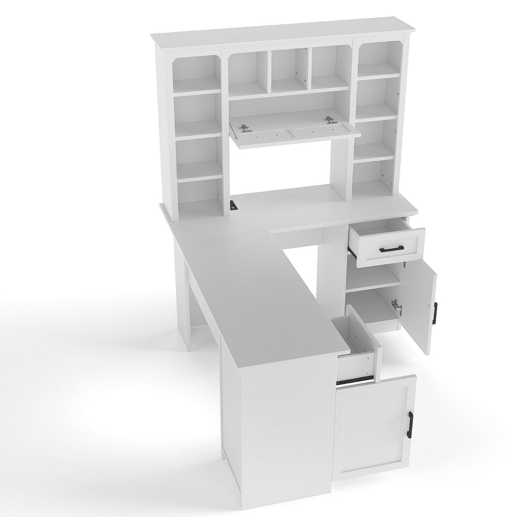 White L-Shaped Computer Desk with Hutch and Storage E964