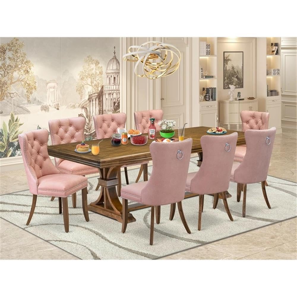 9-Piece Walnut Acacia Wood Dining Set with Faux Leather Chairs K1534