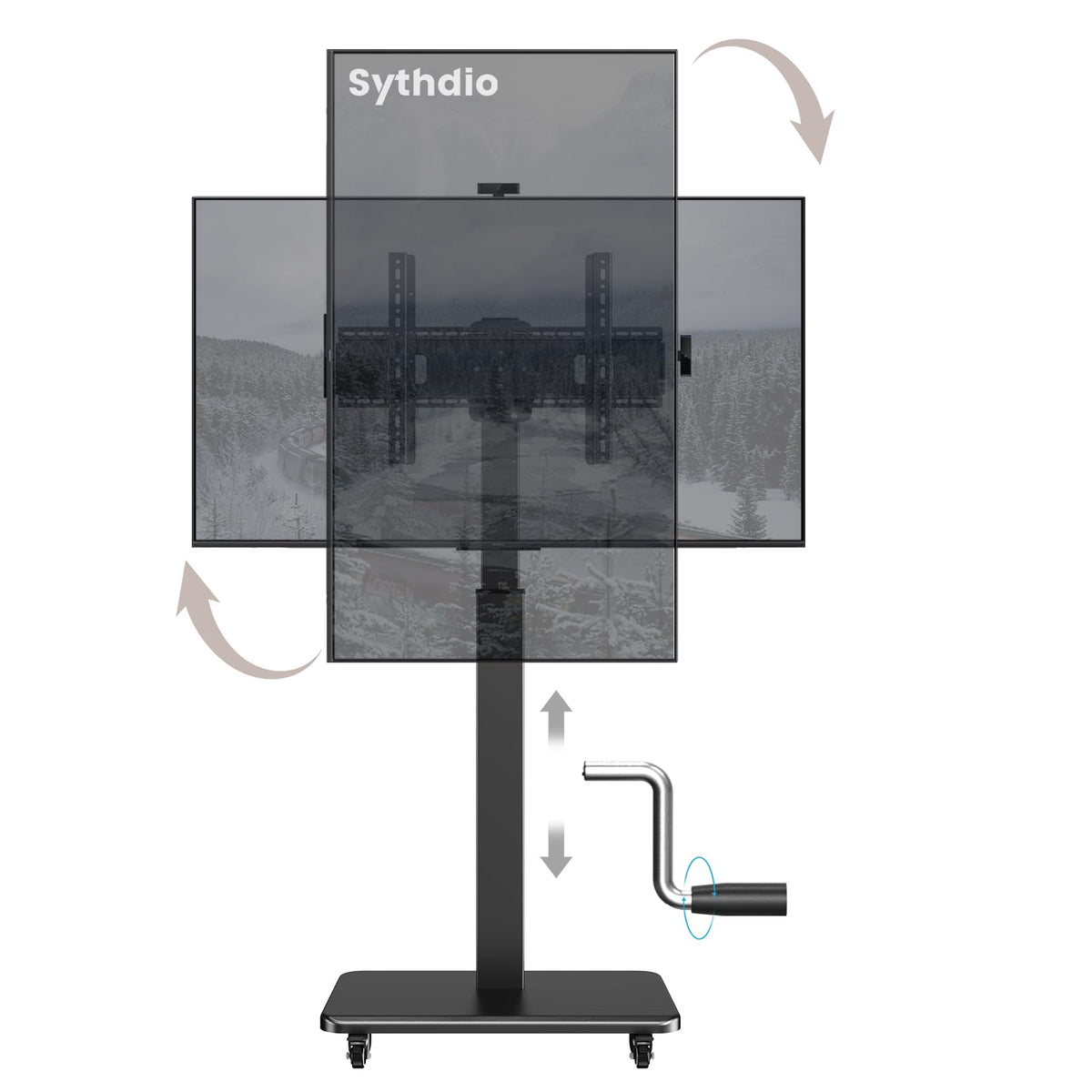 Mobile TV Stand on Wheels with 90° Swivel, Hand Crank Adjustable Height, for 42 to 75 inch TVs up to 110 lbs (Black) A916