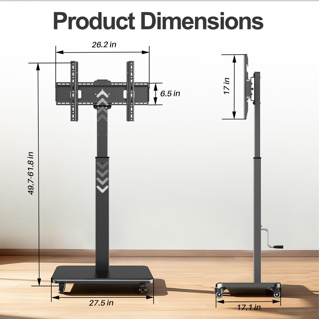Mobile TV Stand on Wheels with 90° Swivel, Hand Crank Adjustable Height, for 42 to 75 inch TVs up to 110 lbs (Black) A916