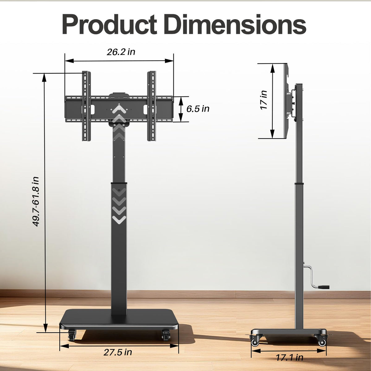 Mobile TV Stand on Wheels with 90° Swivel, Hand Crank Adjustable Height, for 42 to 75 inch TVs up to 110 lbs (Black) A916