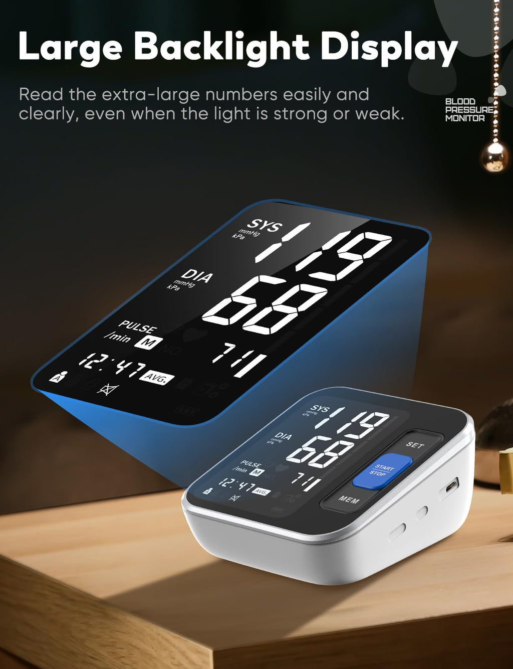 Upper Arm Blood Pressure Monitor with Backlight Display 2 Users Memory T530