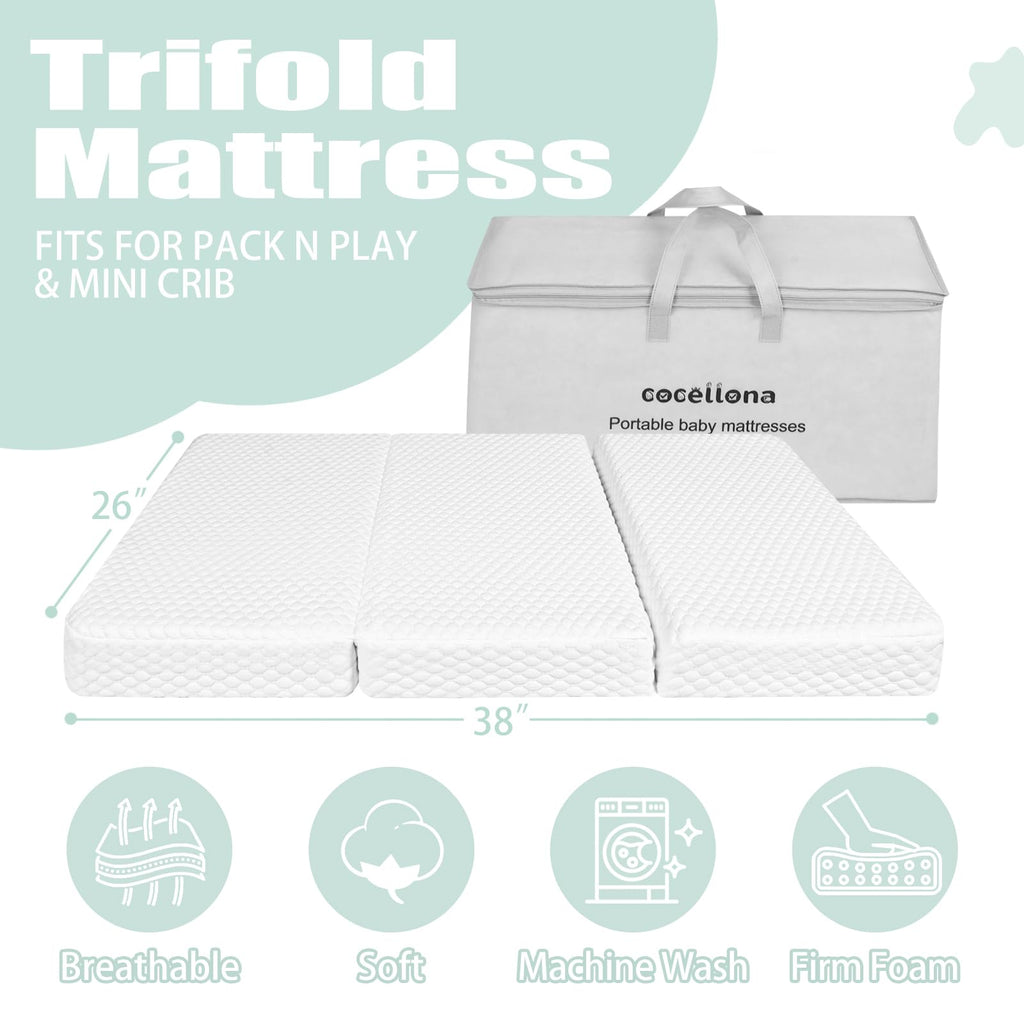 38”x26” Trifold Dual-Firmness Memory Foam Pack and Play Mattress S346776