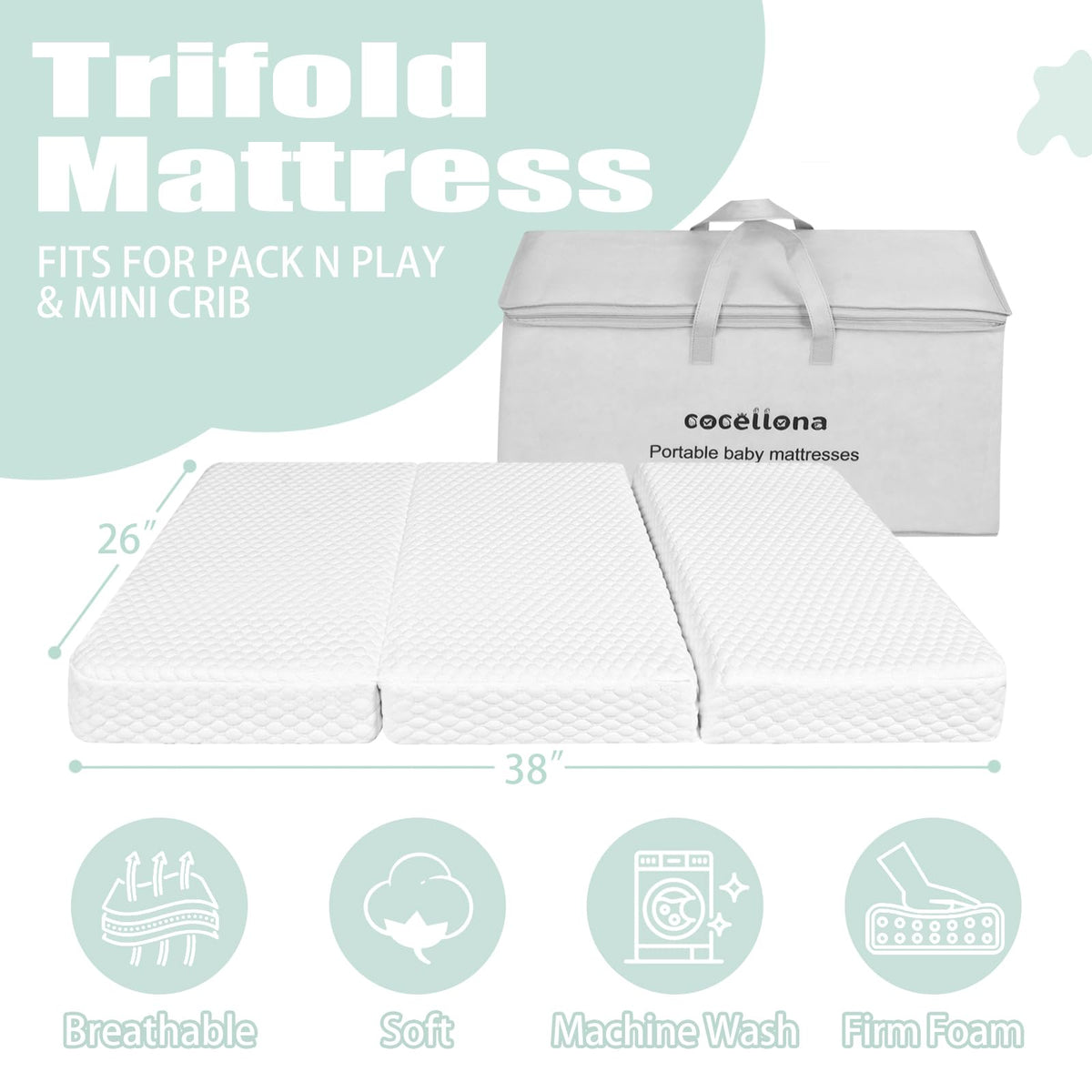 38”x26” Trifold Dual-Firmness Memory Foam Pack and Play Mattress S346776