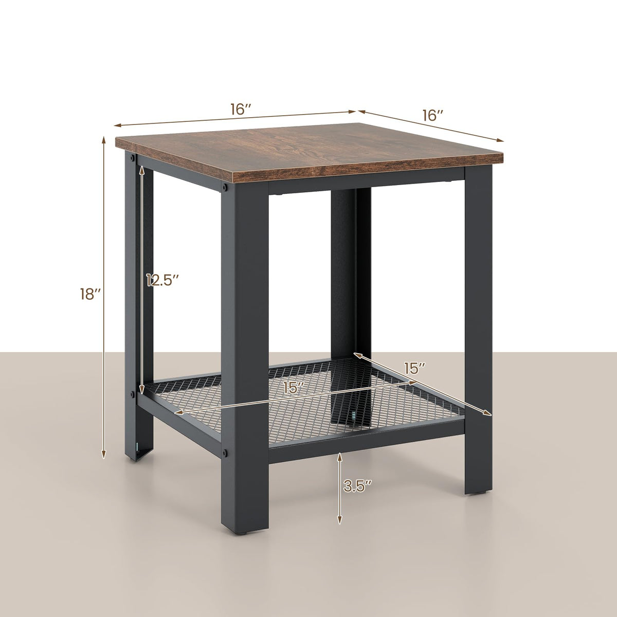 2-Tier End Table Set of 2, 16 Inch Side Table with Mesh Storage Shelf V6395