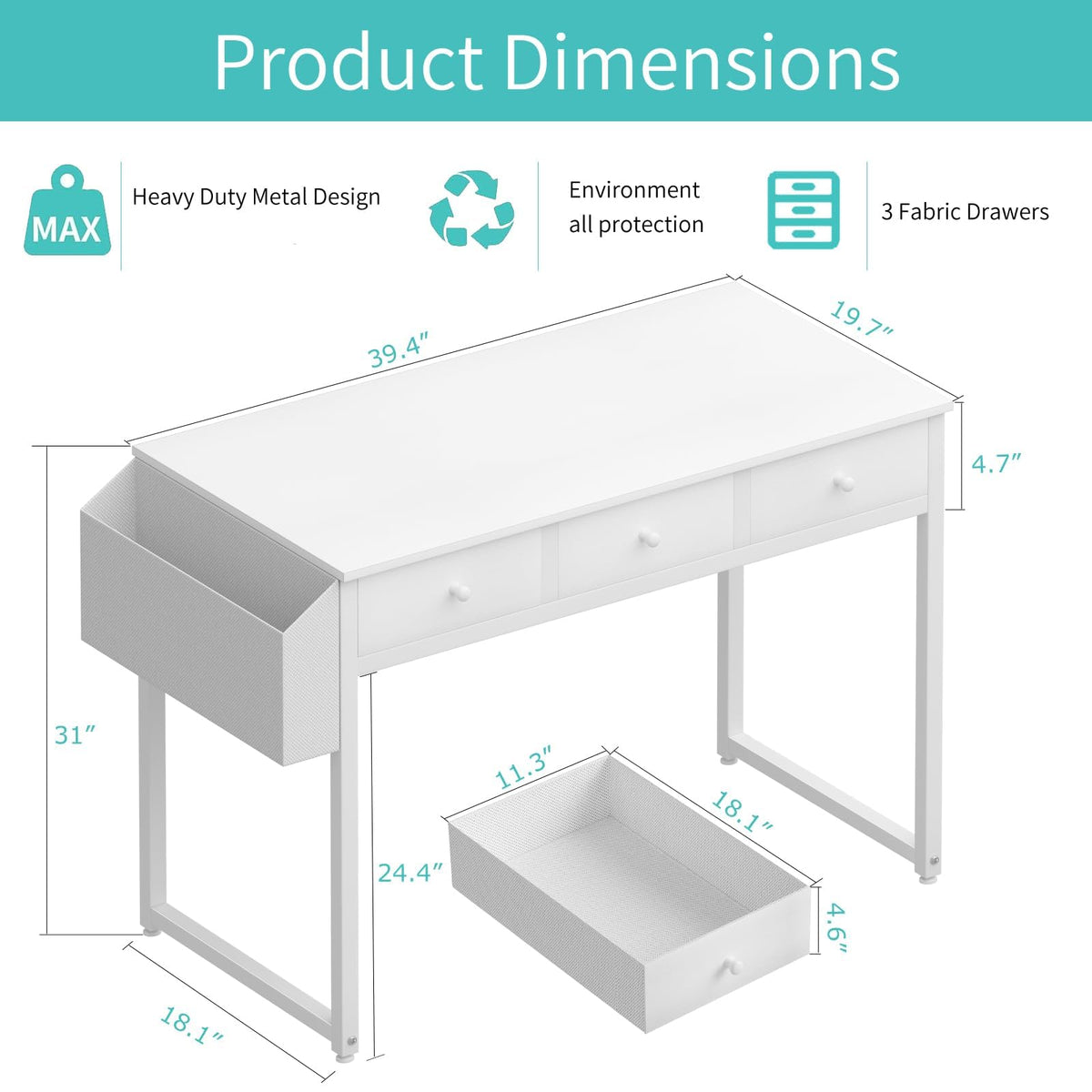 White 40 Inch Computer Desk with Drawers T7140
