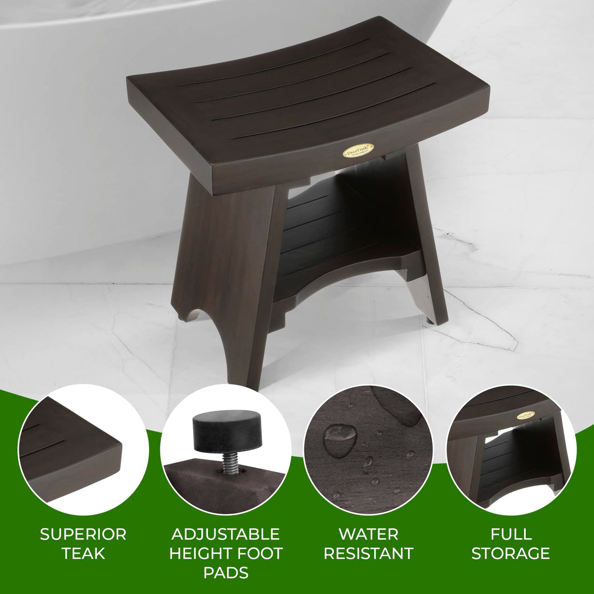 18" Solid Teak Shower Bench with Adjustable Feet C6839