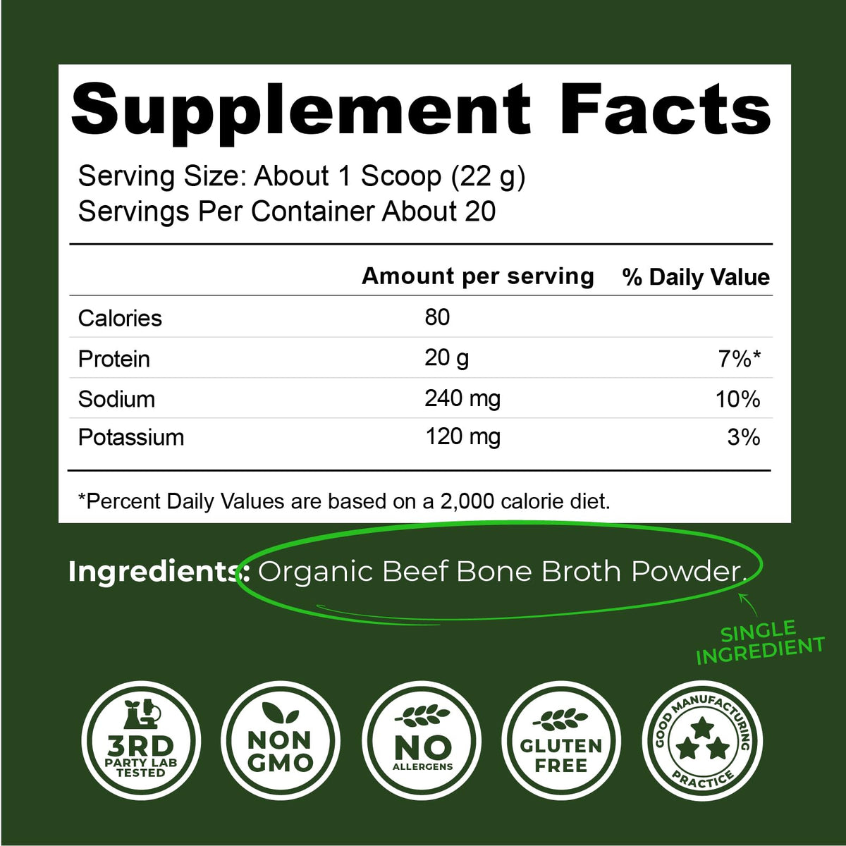 Organic Grass Fed Beef Bone Broth Protein Powder 16oz E1542