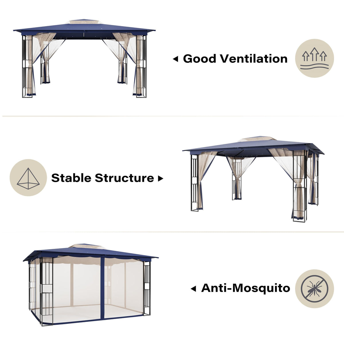 13' x 11' Navy Blue Outdoor Patio Gazebo with Mosquito Netting P186271