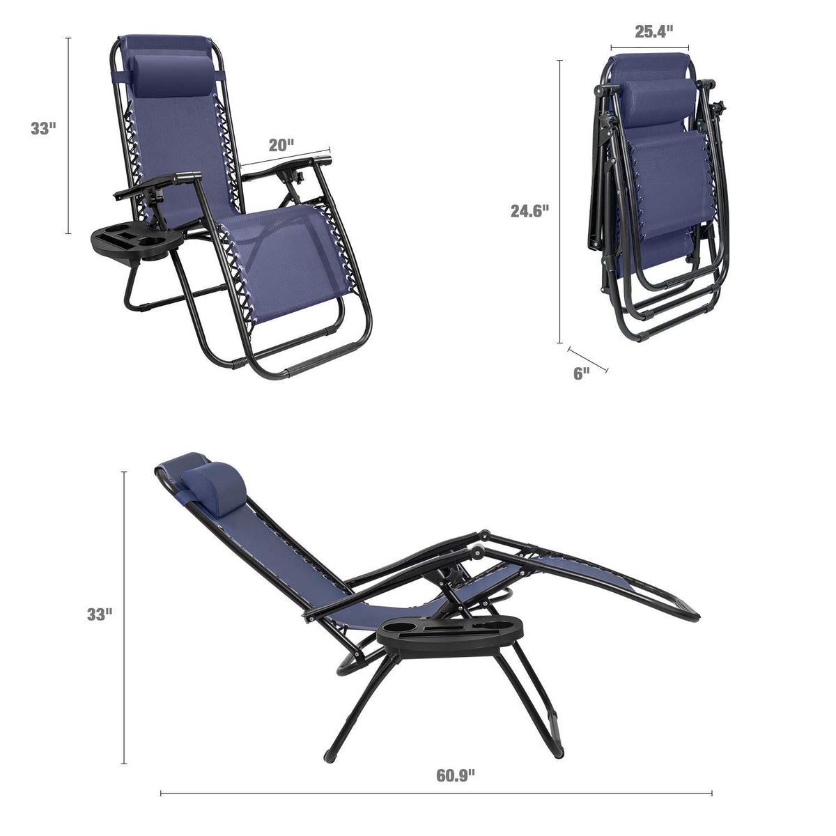 Blue Zero Gravity Folding Lounge Chairs Set of 2 with Cup Holder X98911