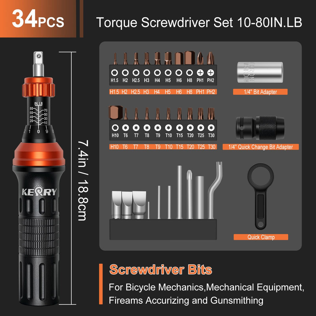 1/4 Inch Pound Torque Screwdriver Set, 10-80 In-Lb, 34-Pieces Bits N5335