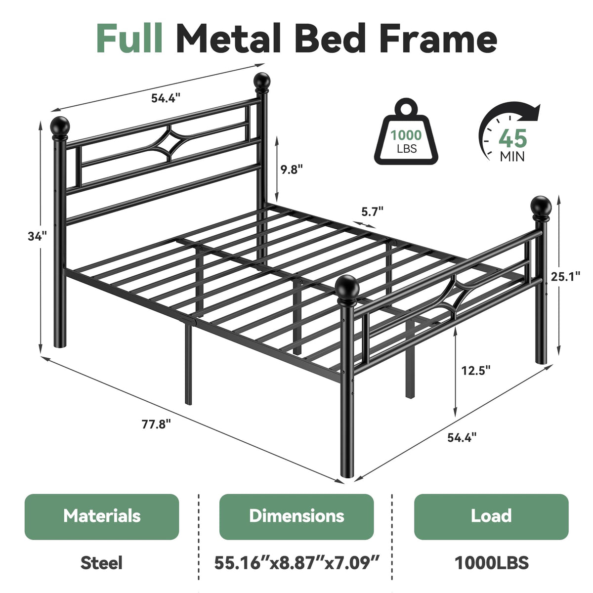 Black Full Metal Platform Bed Frame with Headboard and Footboard Q632476