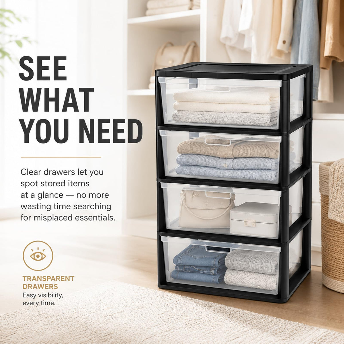 Wide 4 Drawer Plastic Storage Tower Organizer D592
