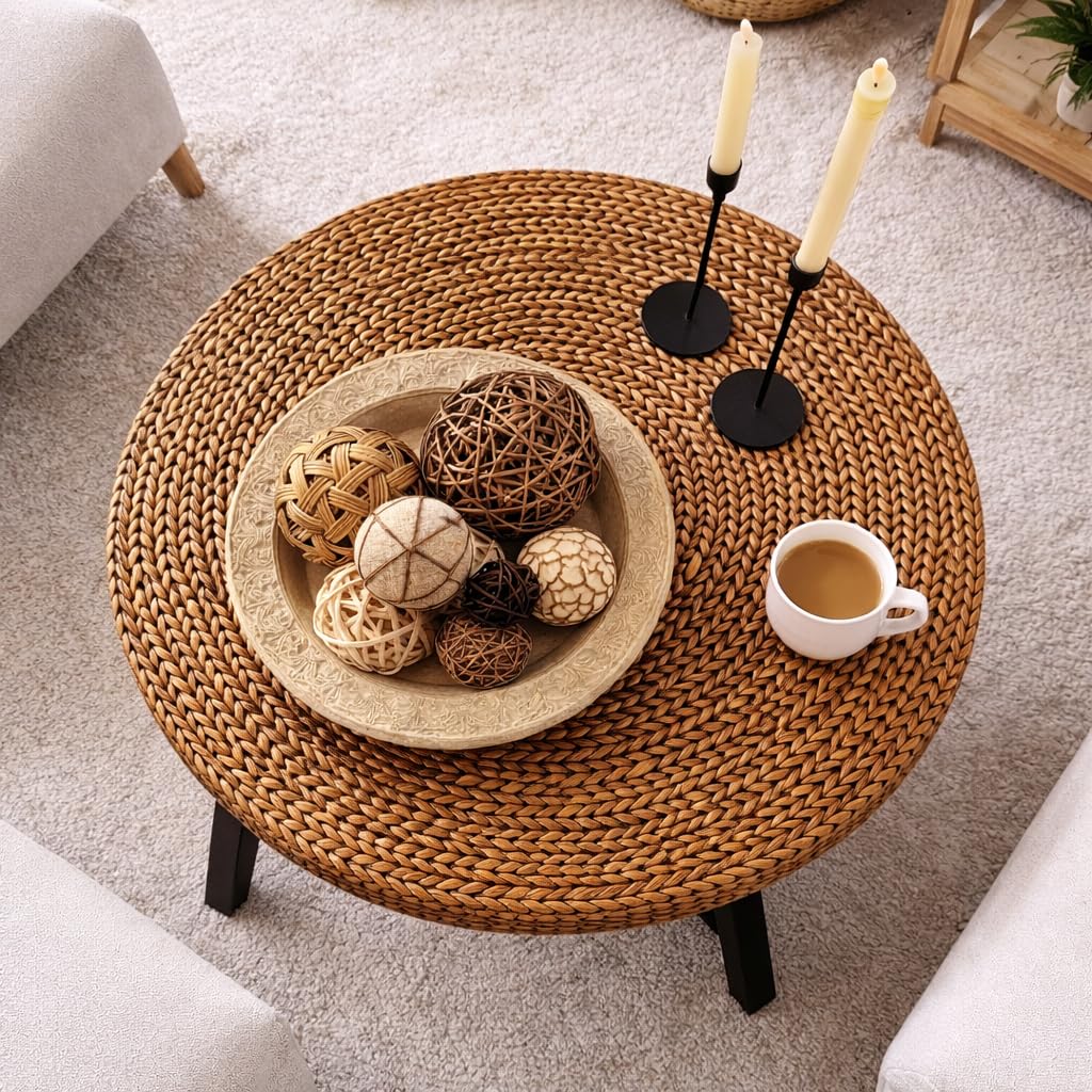 32 Inch Round Handwoven Seagrass Coffee Table with Pine Wood X Base G165