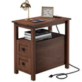 Cherry Wood End Table with Charging Station and 2 Storage Drawers W1493