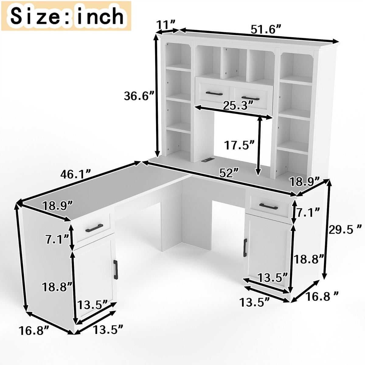 White L-Shaped Computer Desk with Hutch and Storage E964