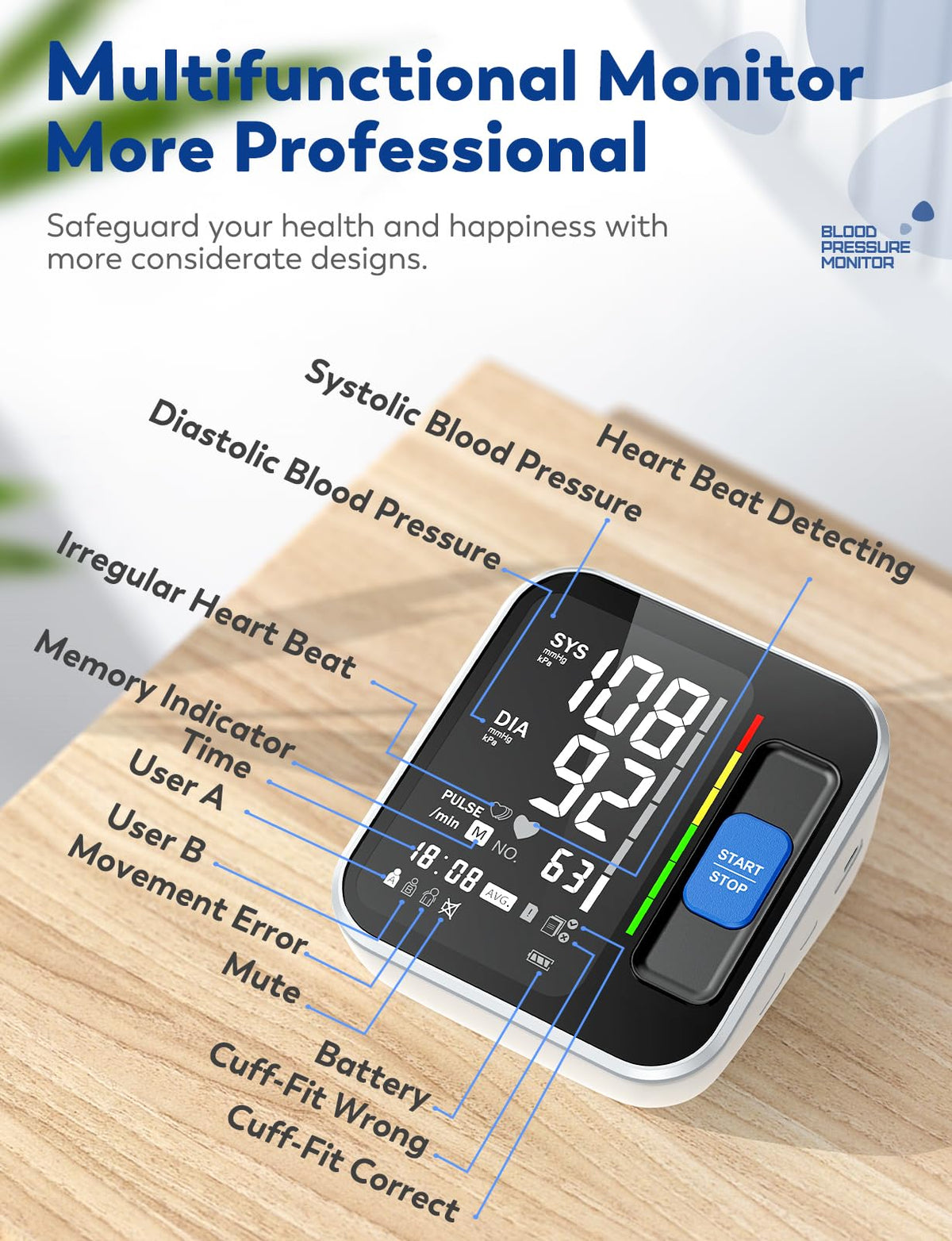 Upper Arm Blood Pressure Monitor with Backlight Display 2 Users Memory T530