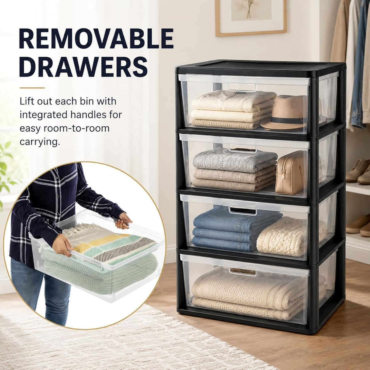 Wide 4 Drawer Plastic Storage Tower Organizer D592
