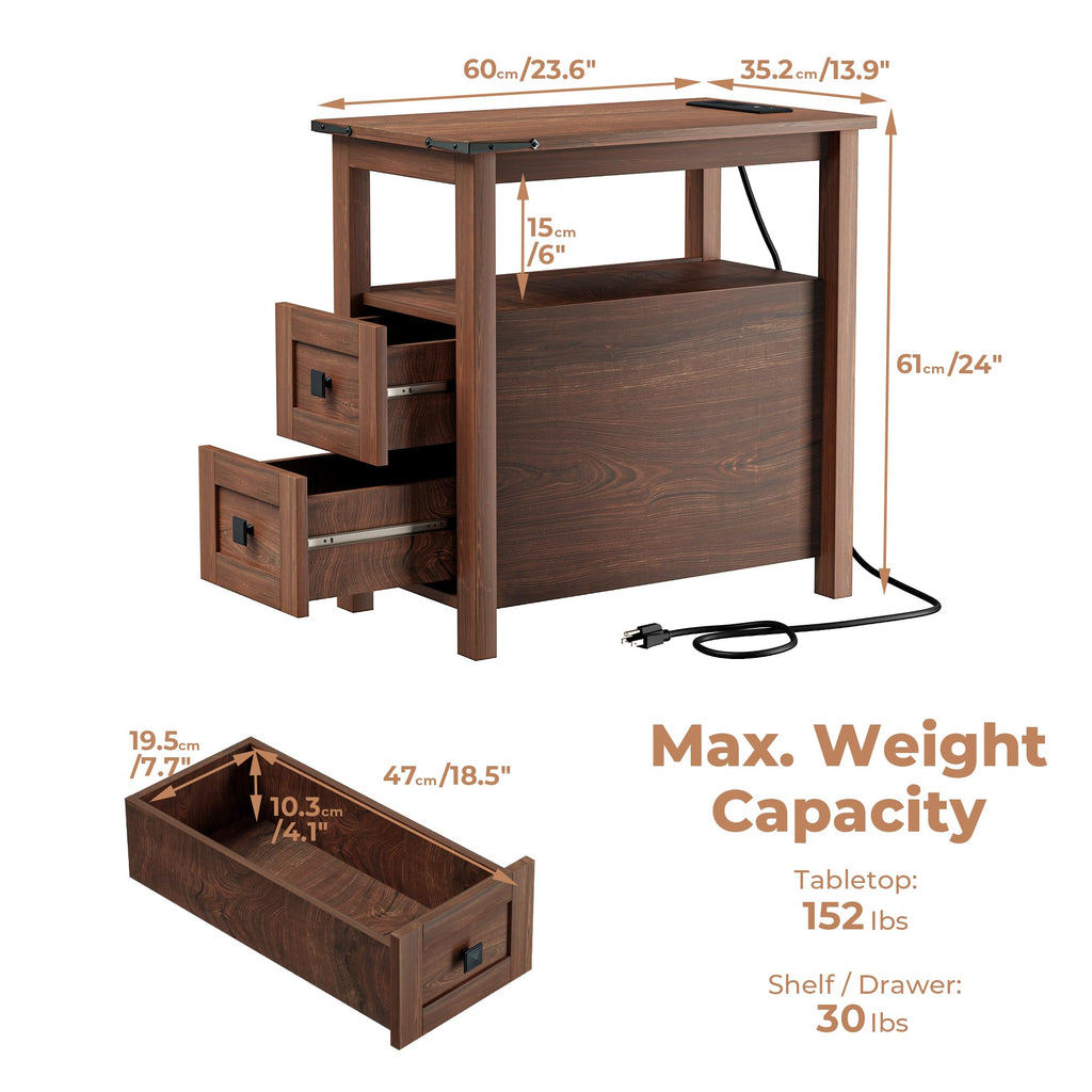 Cherry Wood End Table with Charging Station and 2 Storage Drawers W1493