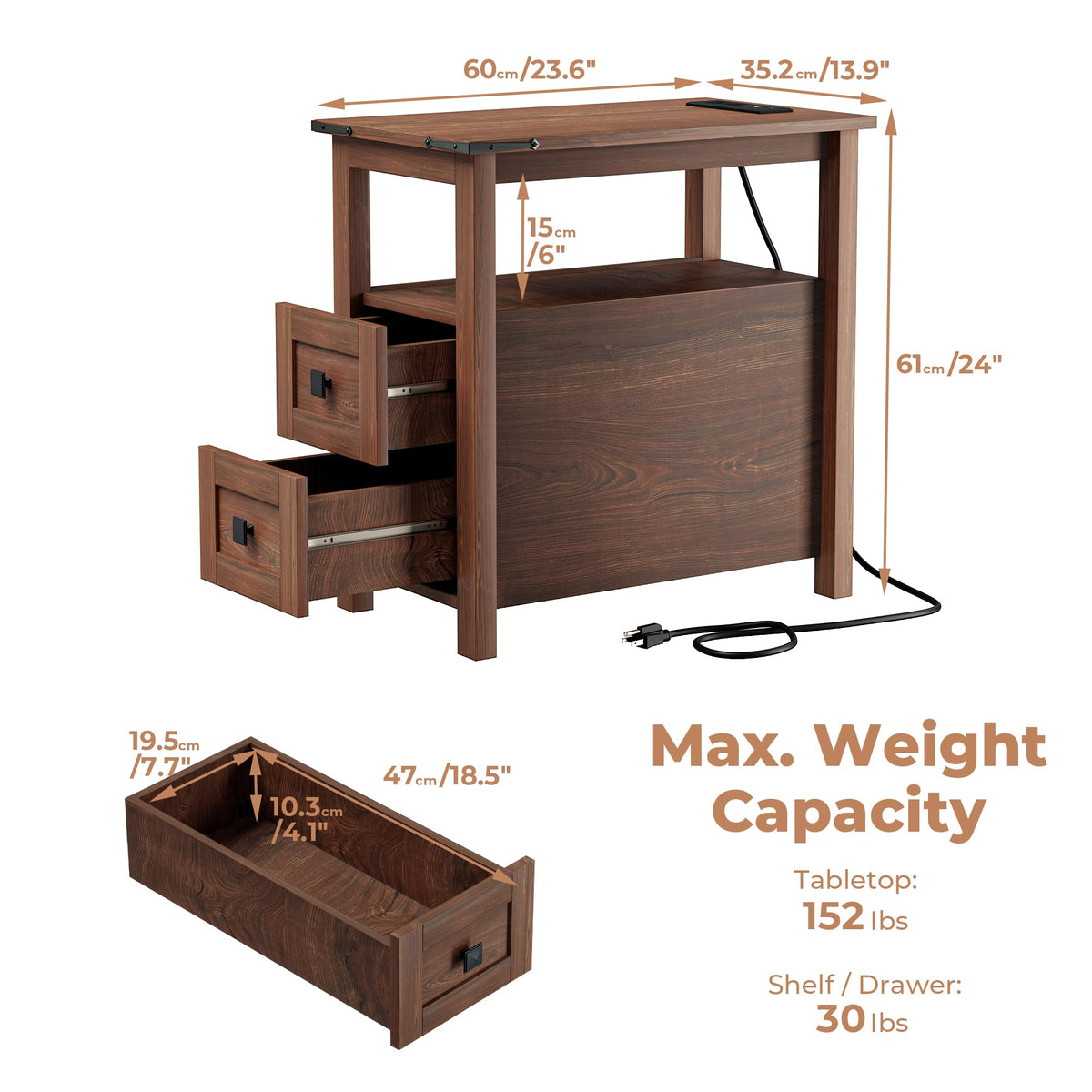 Cherry Wood End Table with Charging Station and 2 Storage Drawers W1493