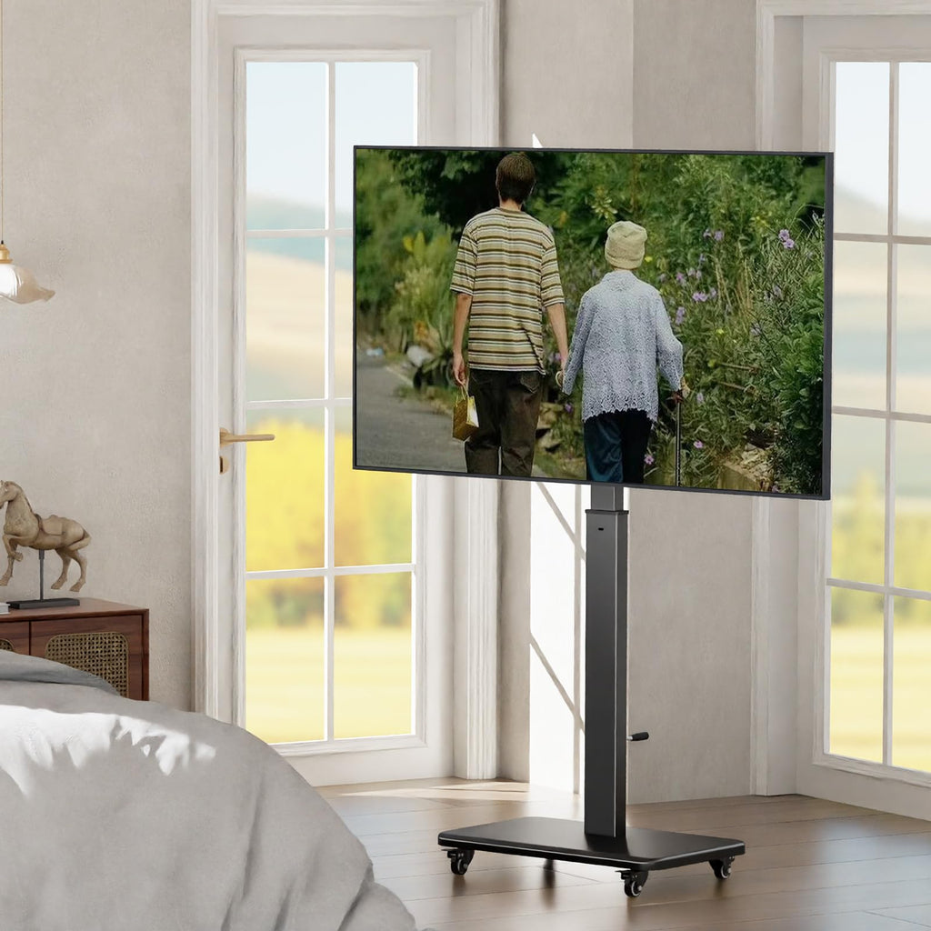 Mobile TV Stand on Wheels with 90° Swivel, Hand Crank Adjustable Height, for 42 to 75 inch TVs up to 110 lbs (Black) A916