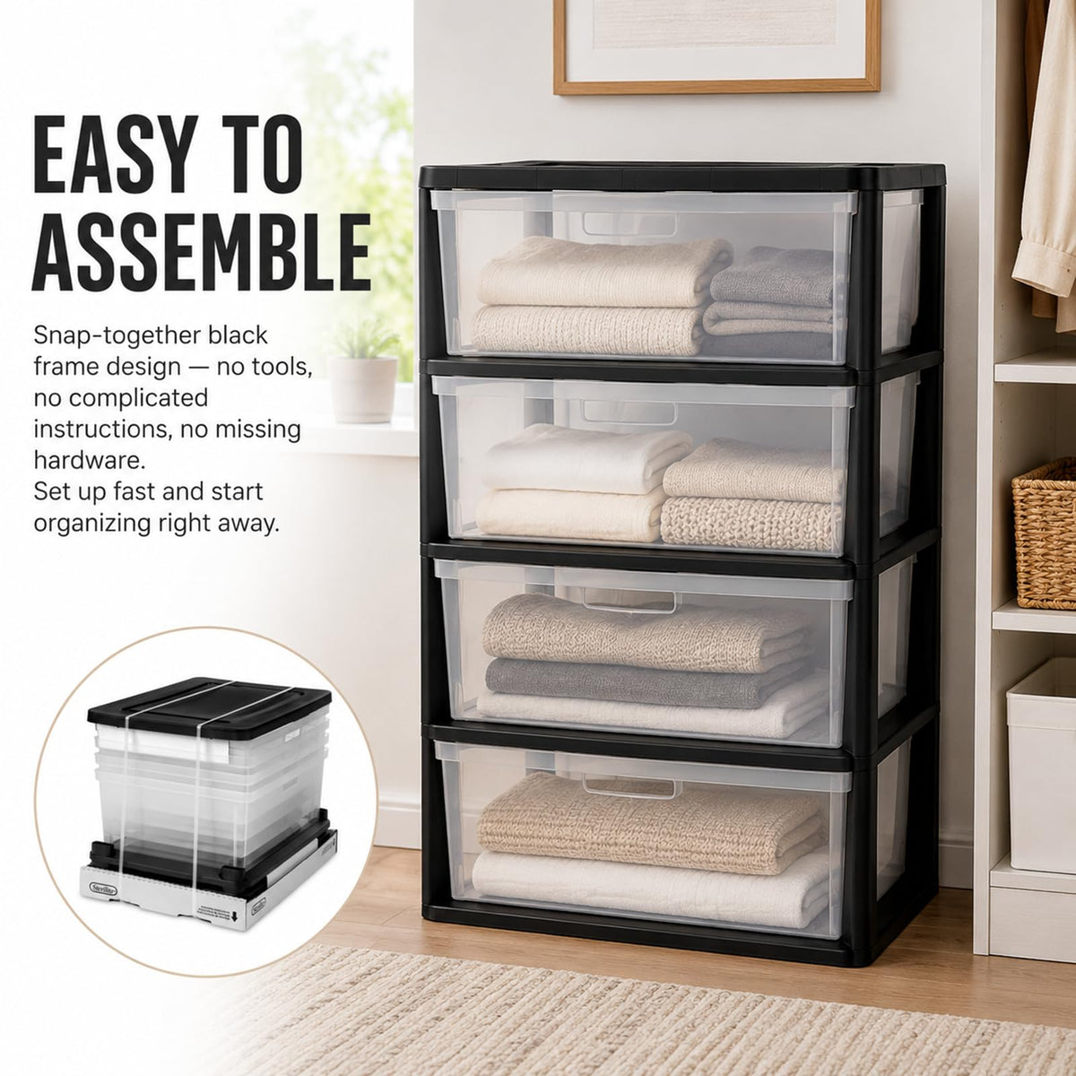 Wide 4 Drawer Plastic Storage Tower Organizer D592