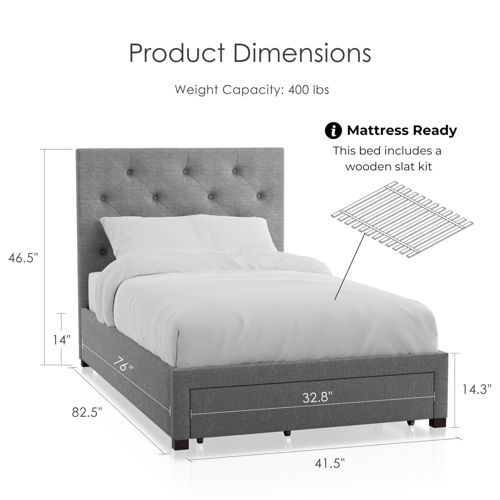 Gray Upholstered Twin Platform Bed with Storage Drawer V708