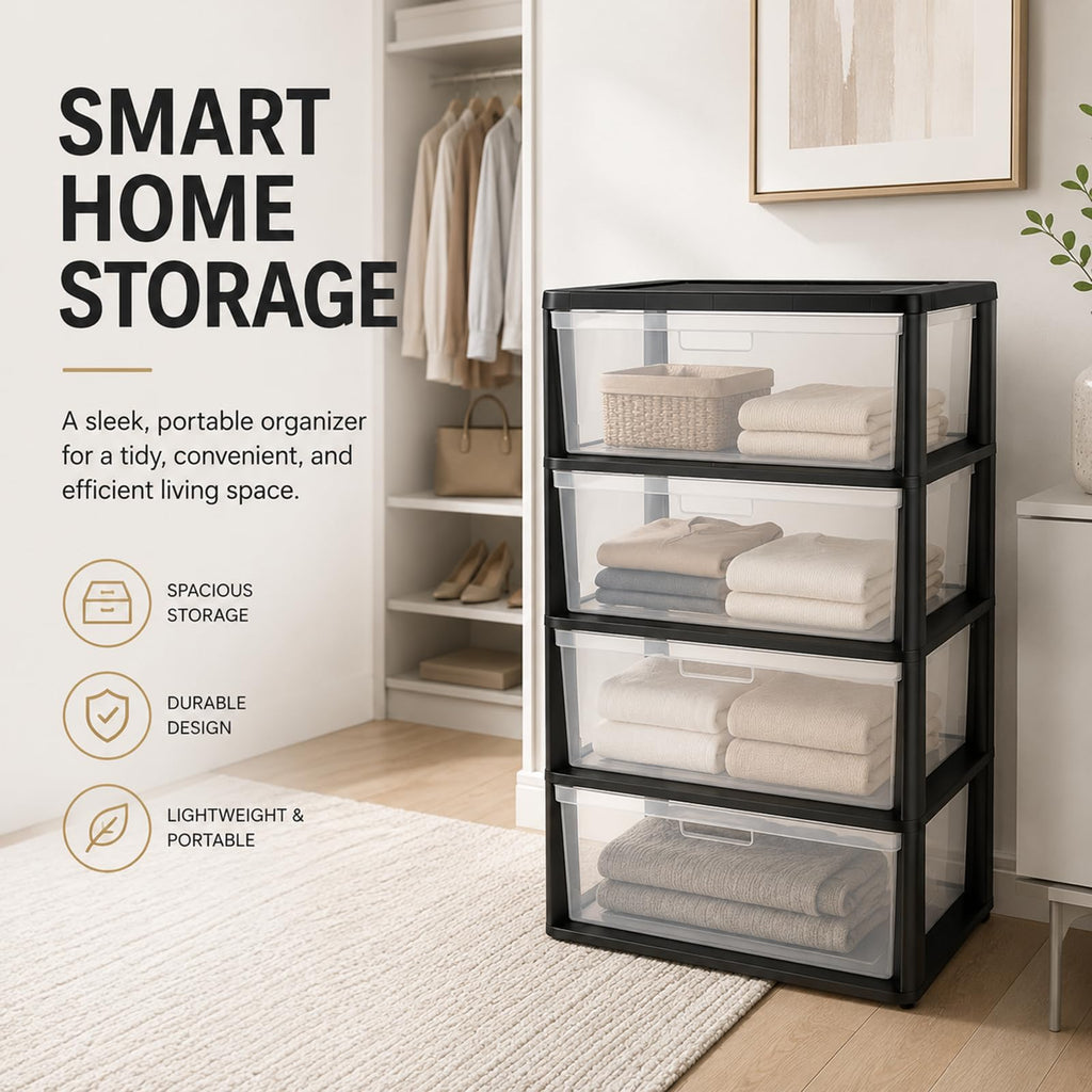 Wide 4 Drawer Plastic Storage Tower Organizer D592