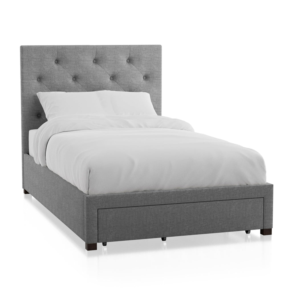 Gray Upholstered Twin Platform Bed with Storage Drawer V708
