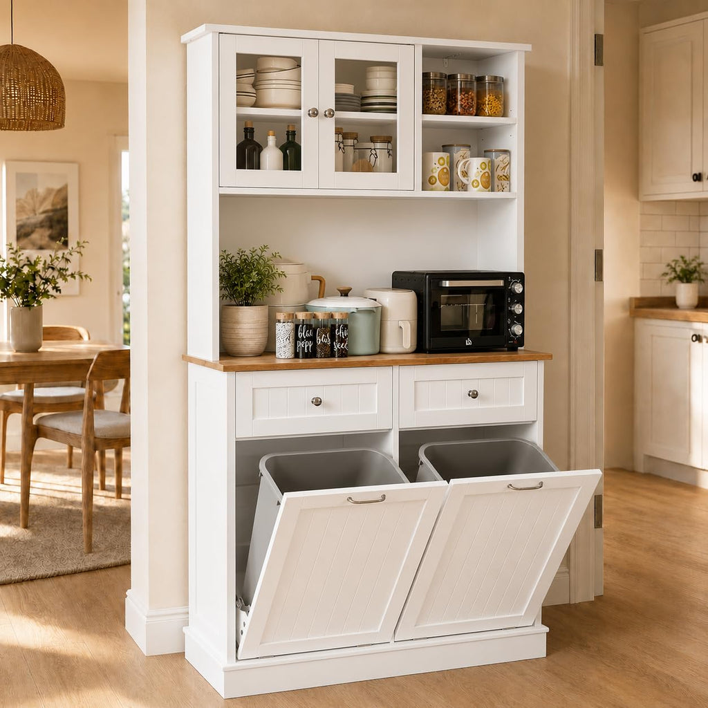 68.4" White Kitchen Pantry Storage Cabinet with Shelf, 2 Drawers and Tilt Out Trash Cabinet D10378