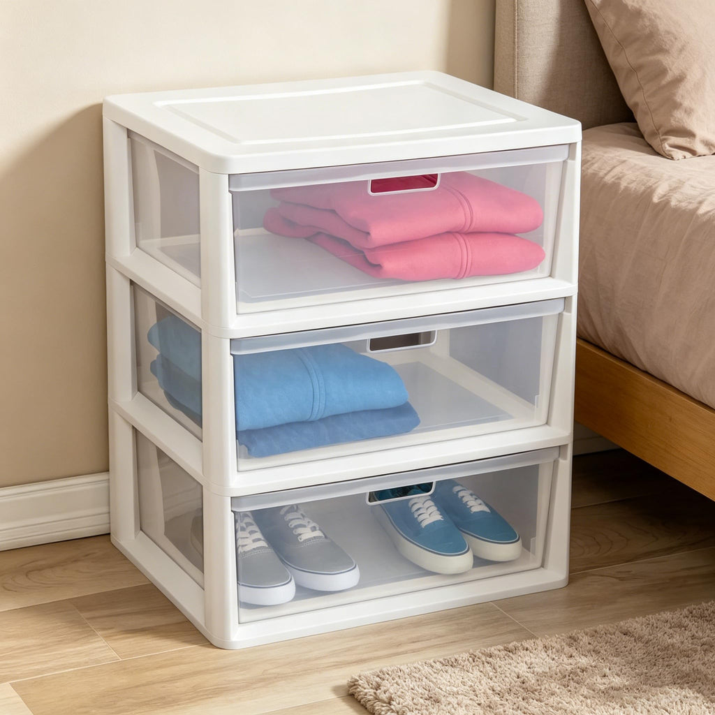 White 3-Drawer Plastic Storage Tower with Clear Bins L3448