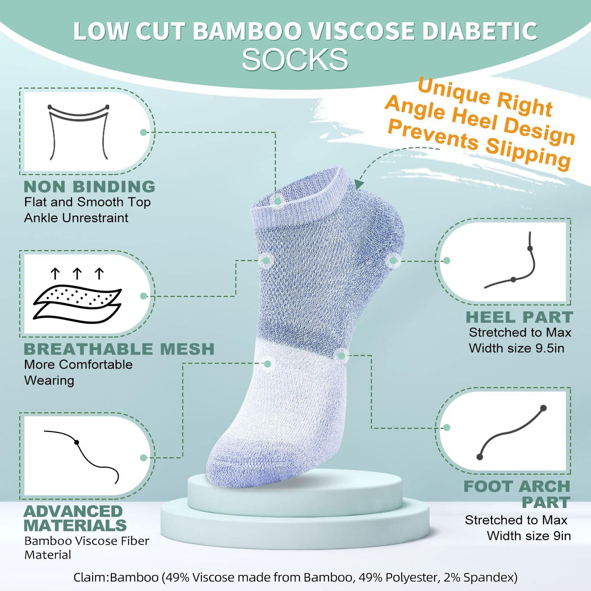 Diabetic Socks for Women Men Size 9-11, 6 Pairs Low Cut Non Binding E56695