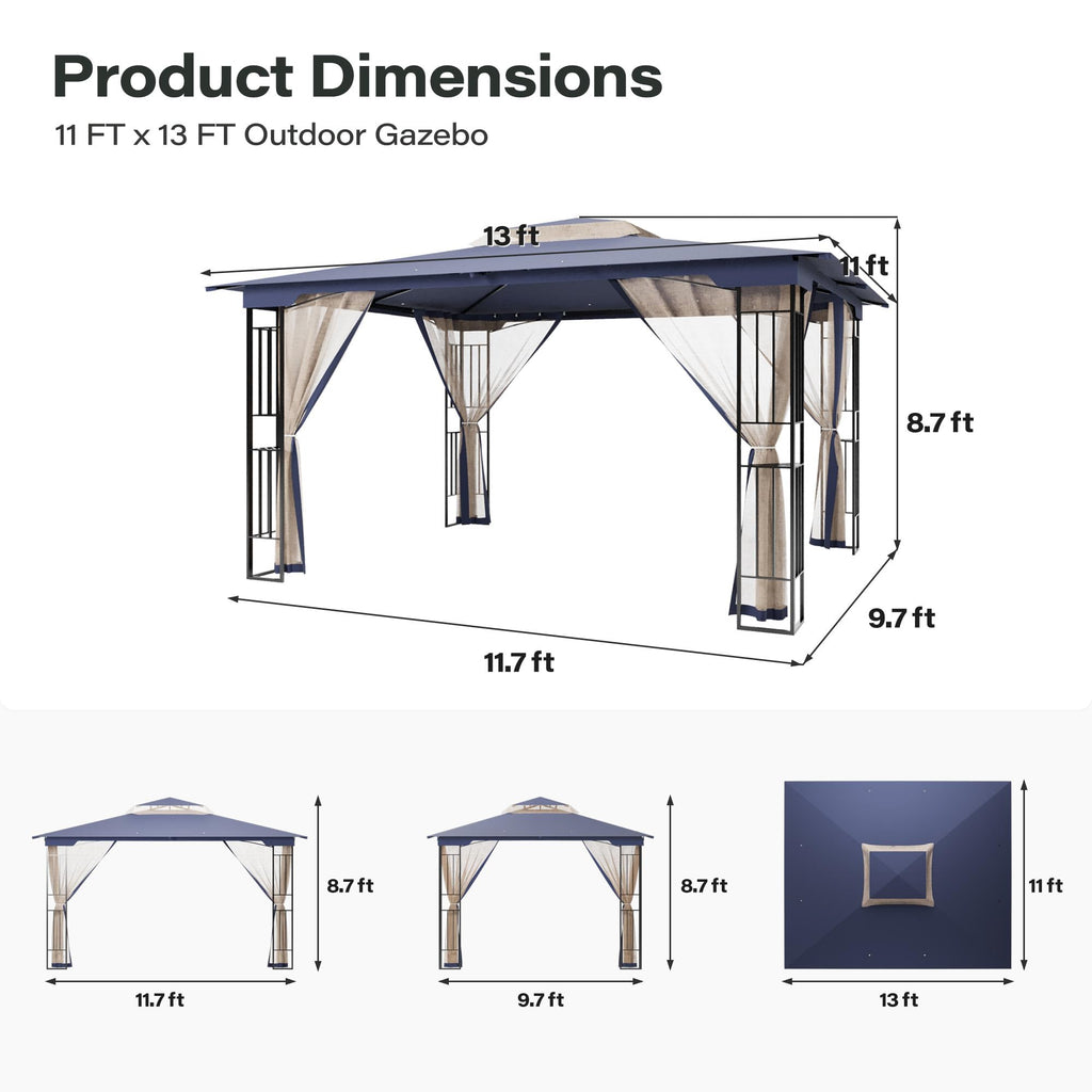 13' x 11' Navy Blue Outdoor Patio Gazebo with Mosquito Netting P186271