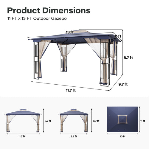 13' x 11' Navy Blue Outdoor Patio Gazebo with Mosquito Netting P186271