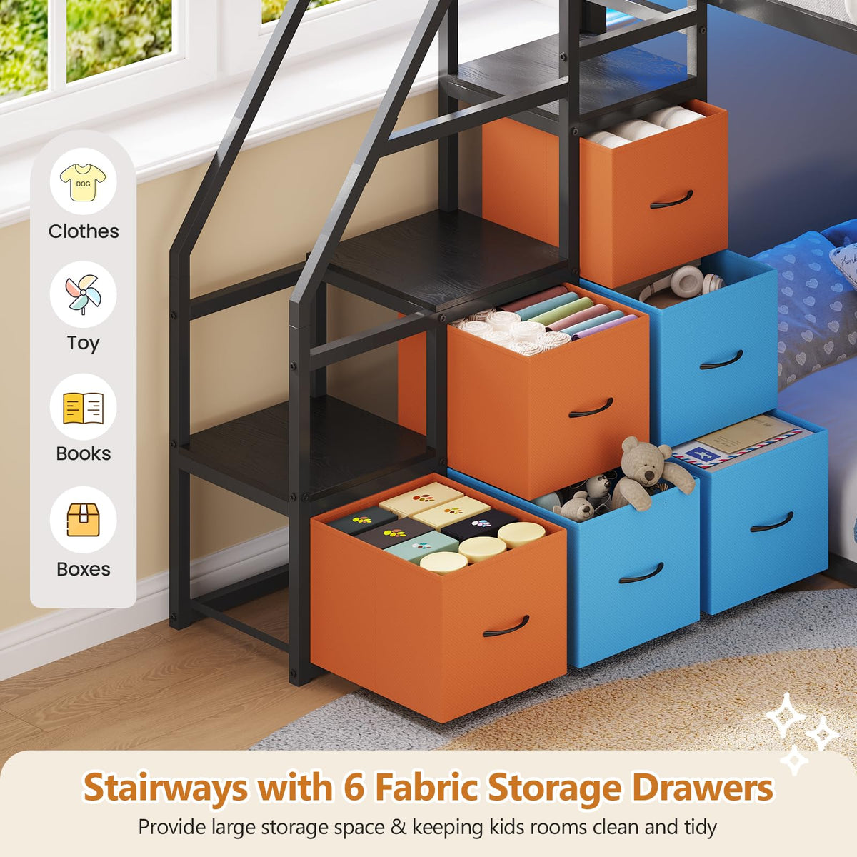 Twin Over Twin Bunk Bed with Stairs and 6 Storage Drawers R158419