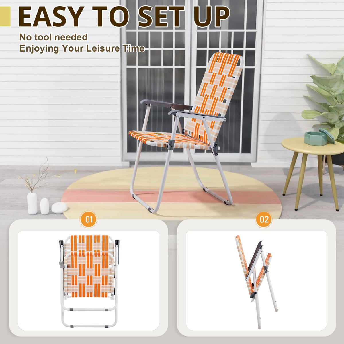 Folding Webbed Patio Chair Set of 2 Orange & White E17551