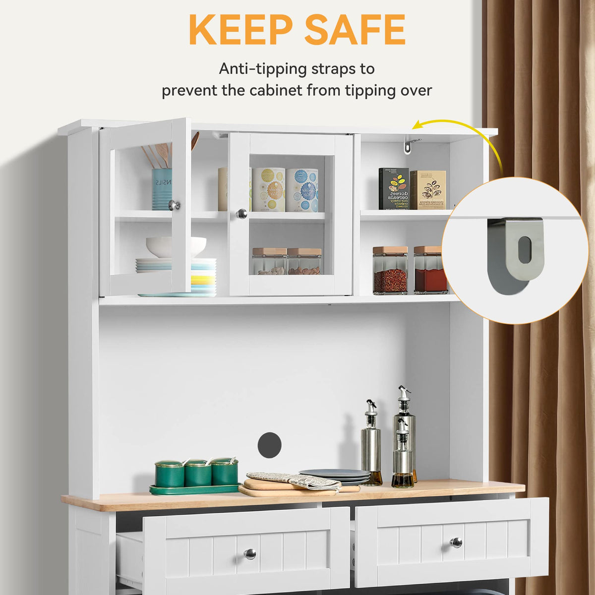 68.4" White Kitchen Pantry Storage Cabinet with Shelf, 2 Drawers and Tilt Out Trash Cabinet D10378