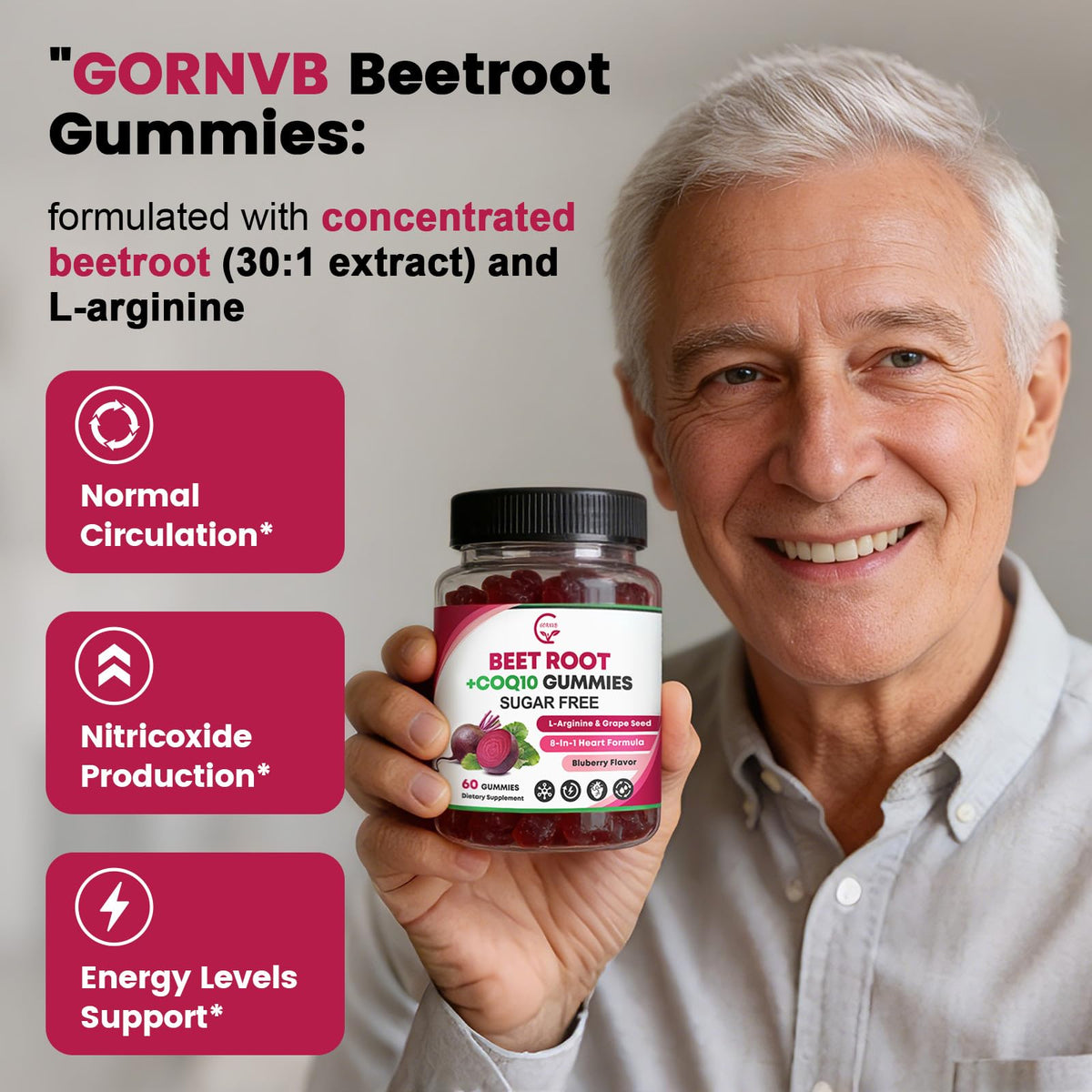 Beet Root Gummies with CoQ10, L-Arginine & Grape Seed Extract, Vegan, 60 Counts P6839