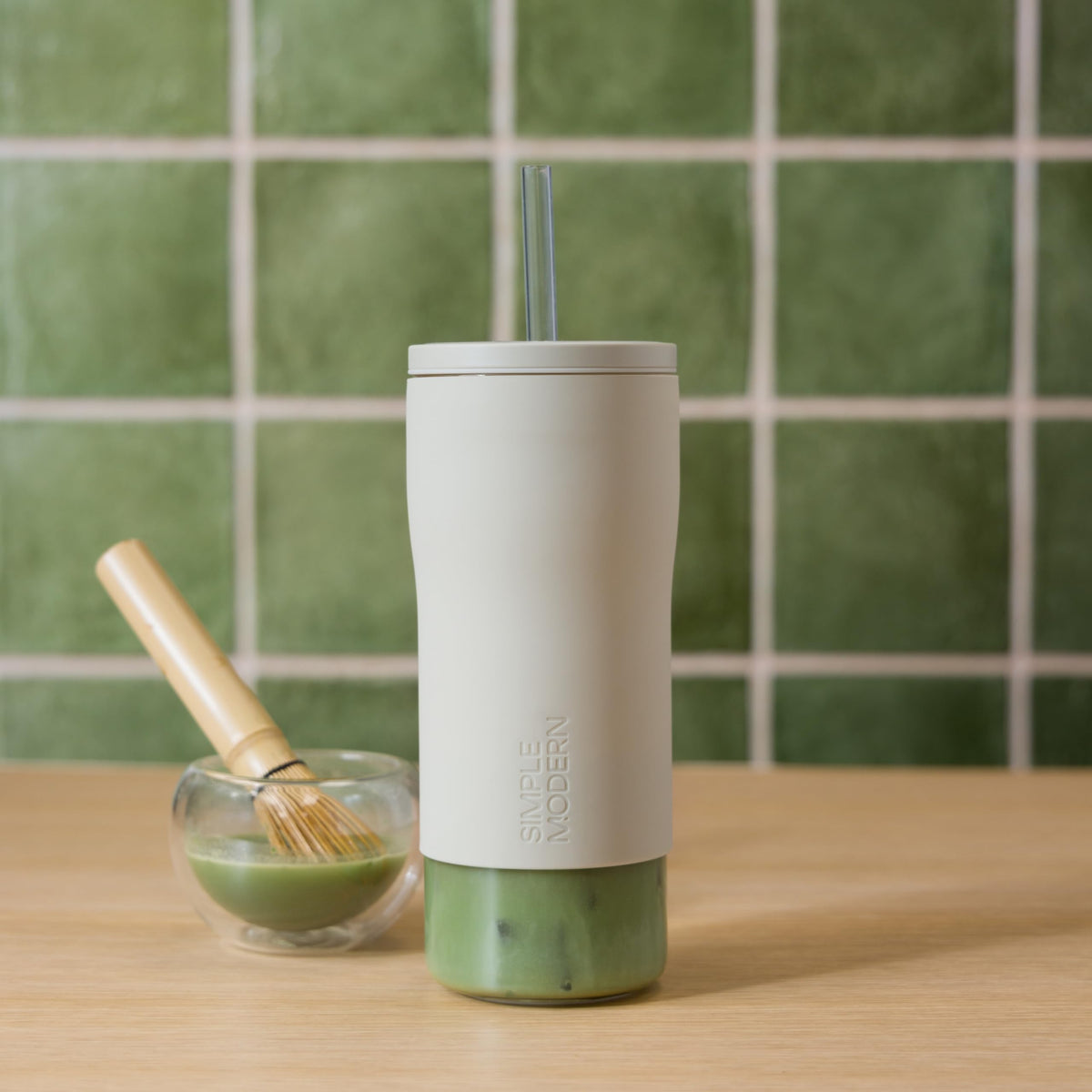 Glass Iced Coffee Cup with Straw Lid 20oz Beige T934
