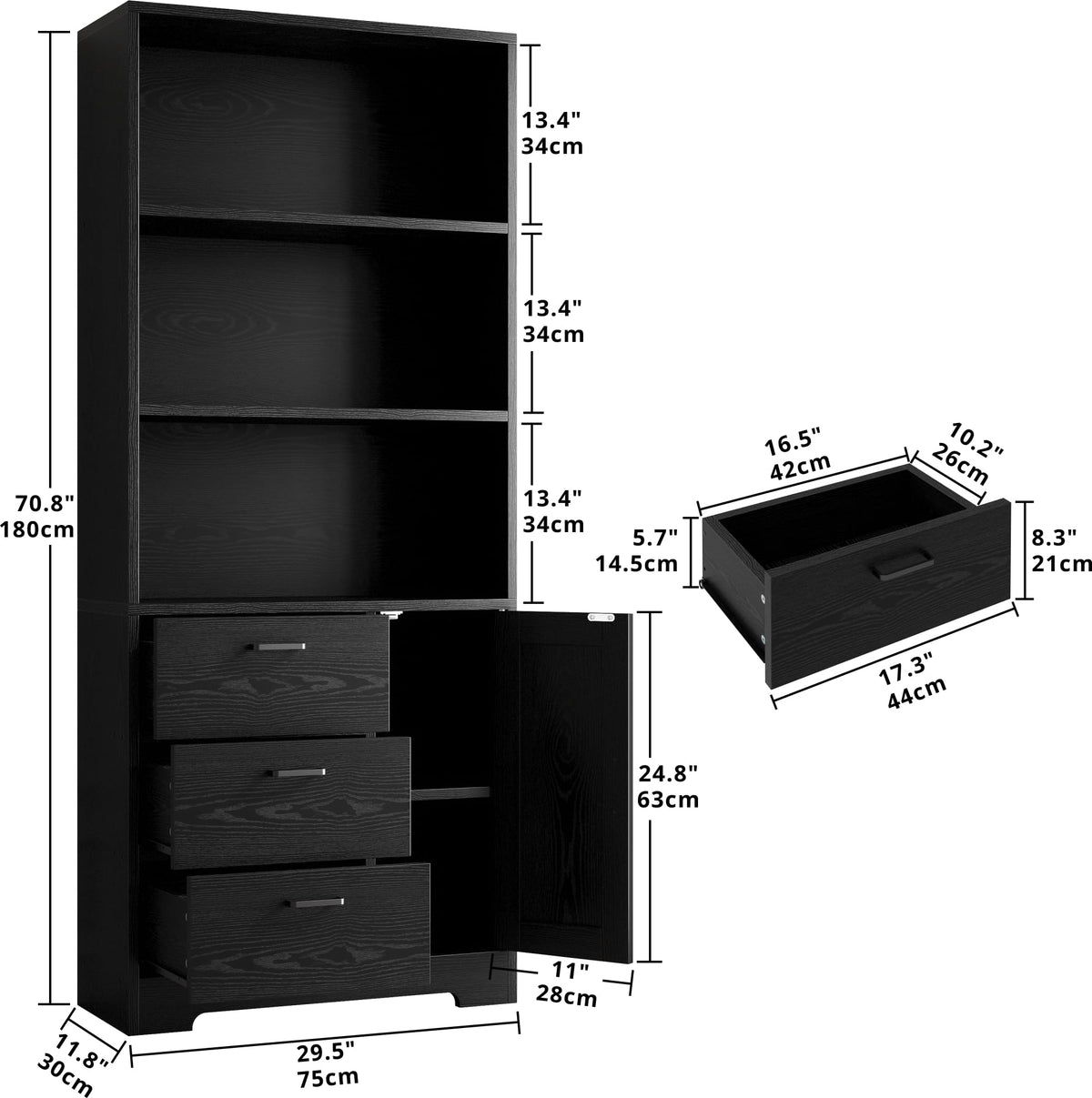 71 in Bookshelf with Doors and Drawers H465