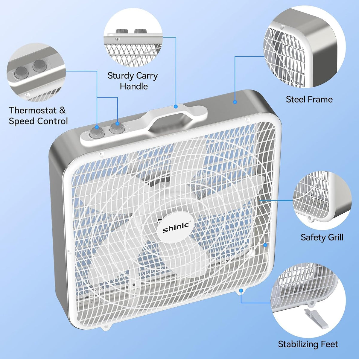 20” Box Fan with Thermostat, 3-Speed Portable Floor Fan, White A798