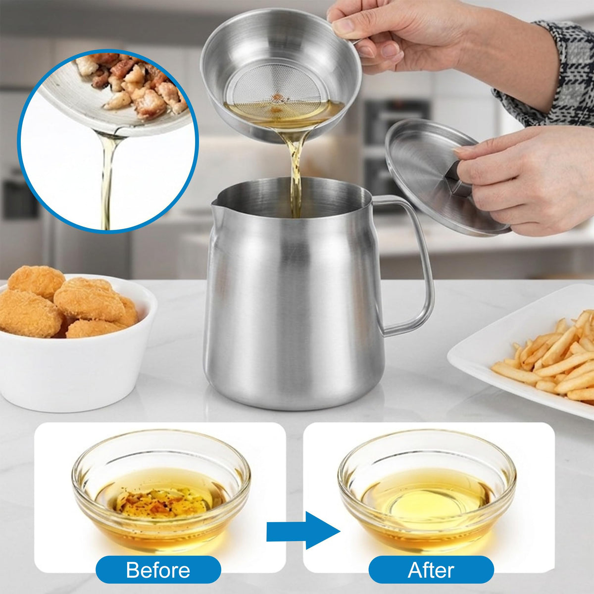 68oz Stainless Steel Oil Filter Pot with Fryer Basket D369