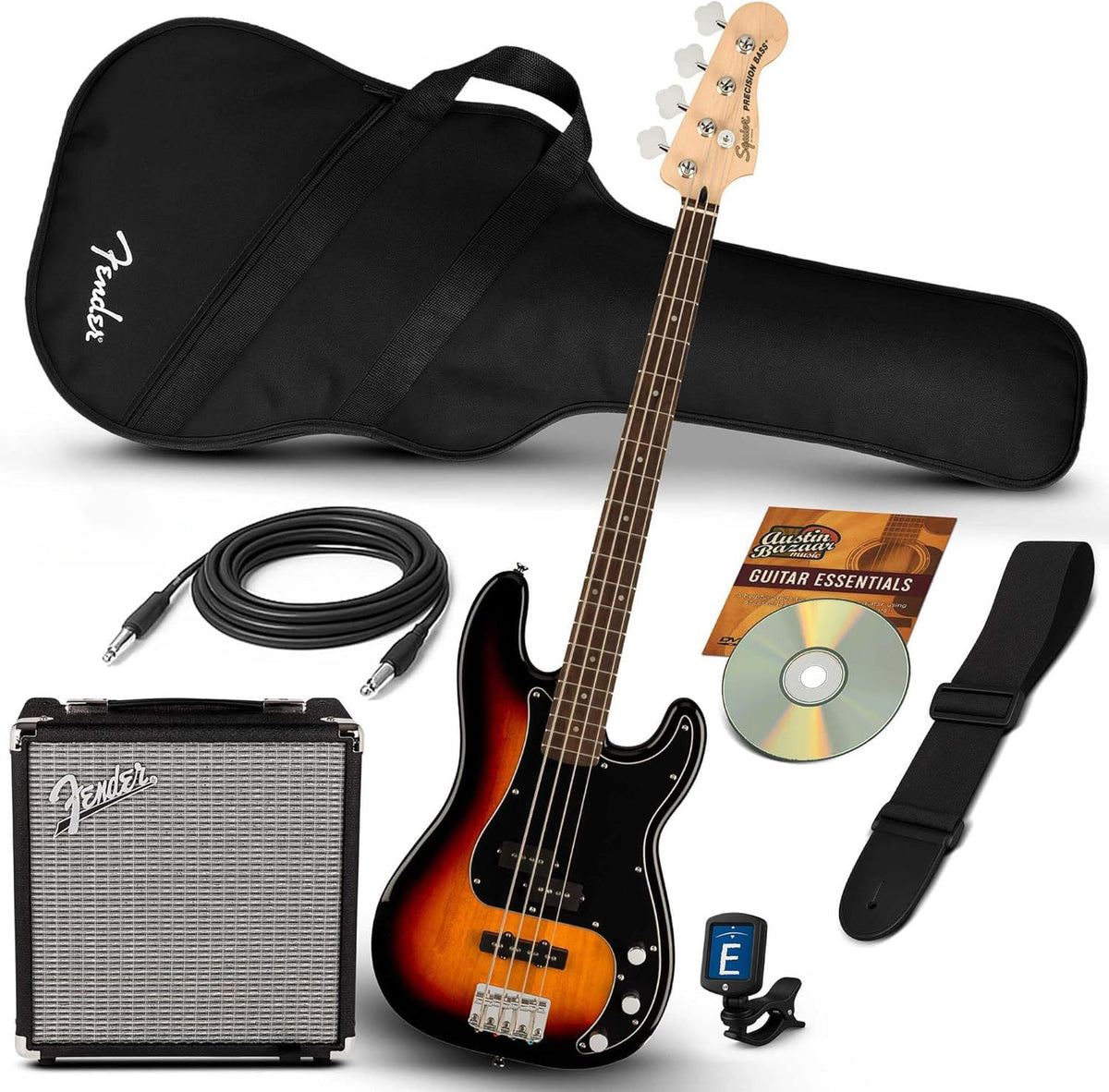 3-Color Sunburst Precision Bass with Amplifier, Cable, Gig Bag, Tuner, Strap U496