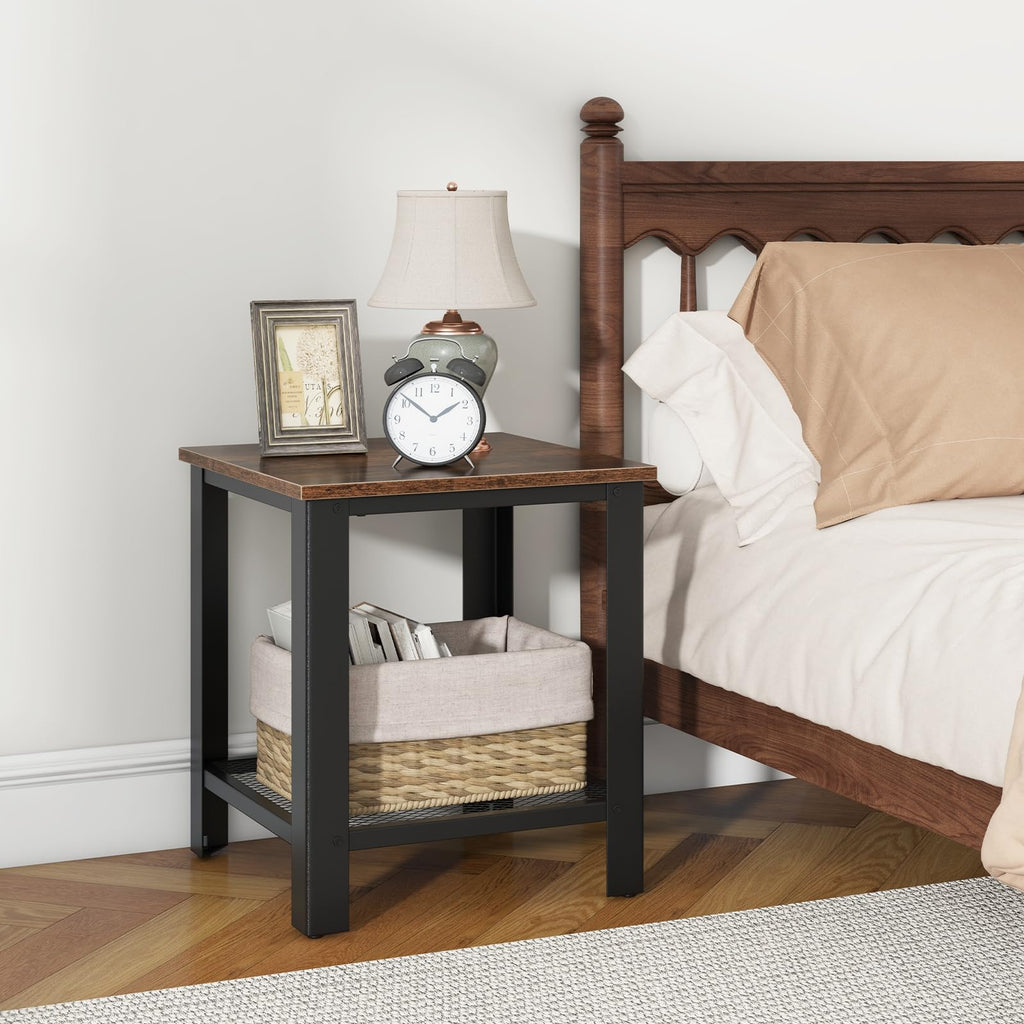2-Tier End Table Set of 2, 16 Inch Side Table with Mesh Storage Shelf V6395