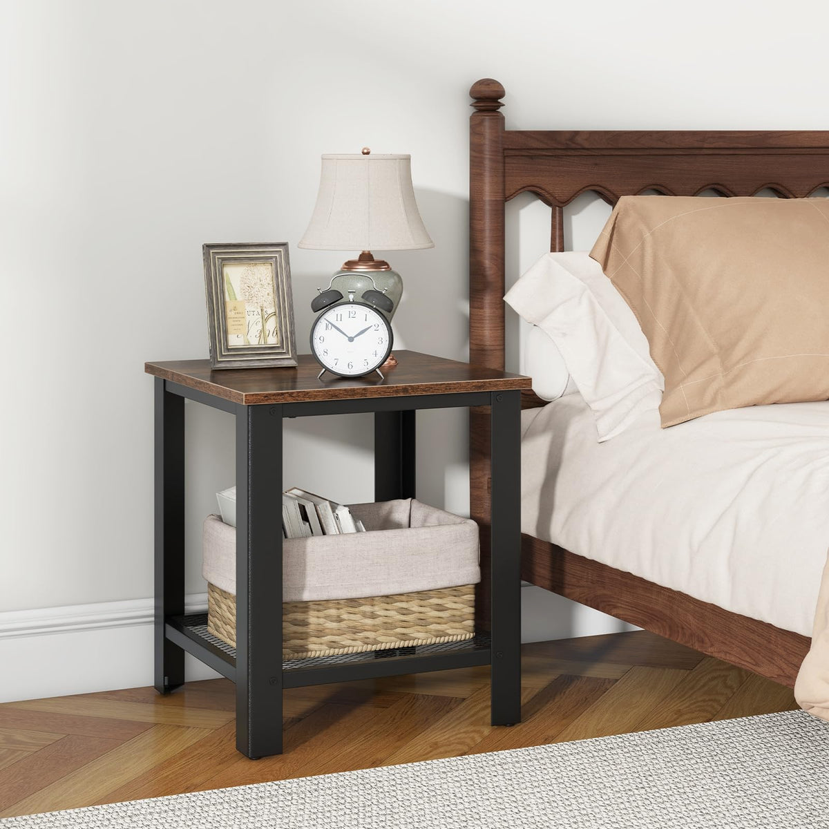 2-Tier End Table Set of 2, 16 Inch Side Table with Mesh Storage Shelf V6395