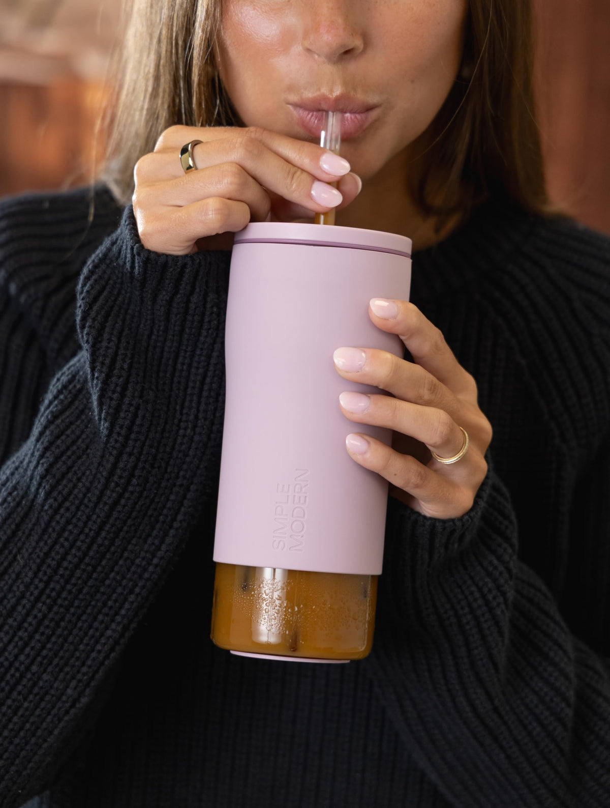Glass Iced Coffee Cup with Straw Lid 20oz Beige T934