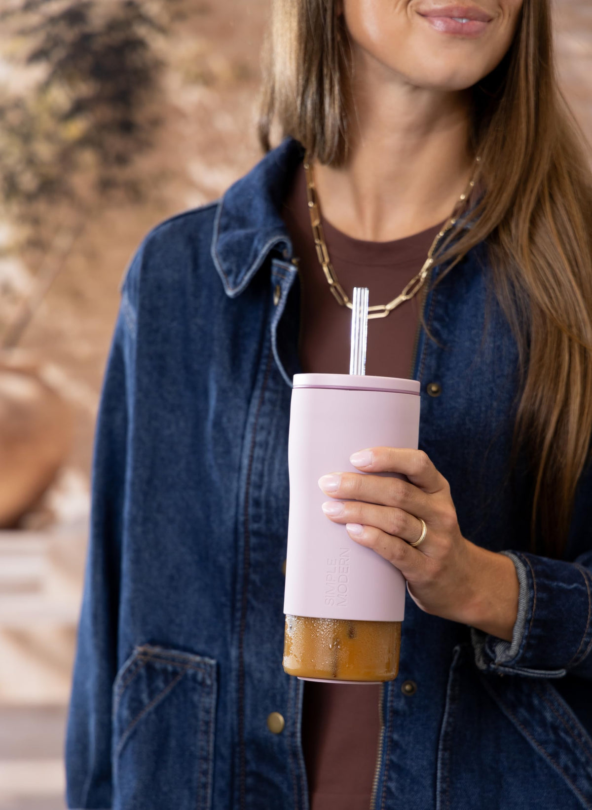 Glass Iced Coffee Cup with Straw Lid 20oz Beige T934